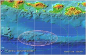 Gambar. Pemodelan Tsunami yang dibangkitkan oleh gempabumi berkekuatan 8.0 SR di selatan Bali