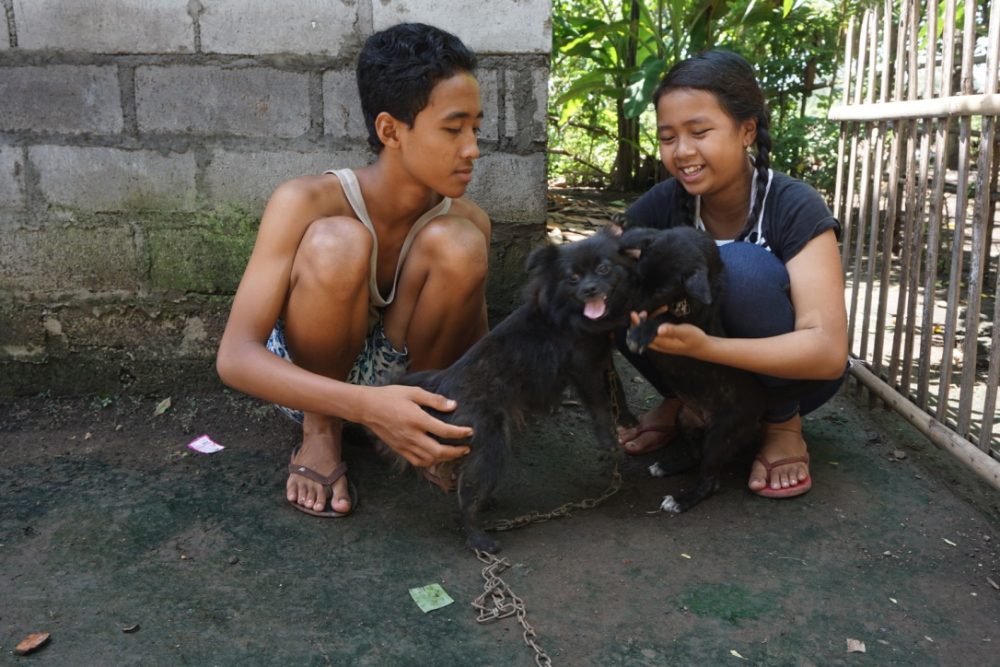 Dewi dan Wira bermain dengan dua ekor anjing mereka. Foto Anton Muhajir.